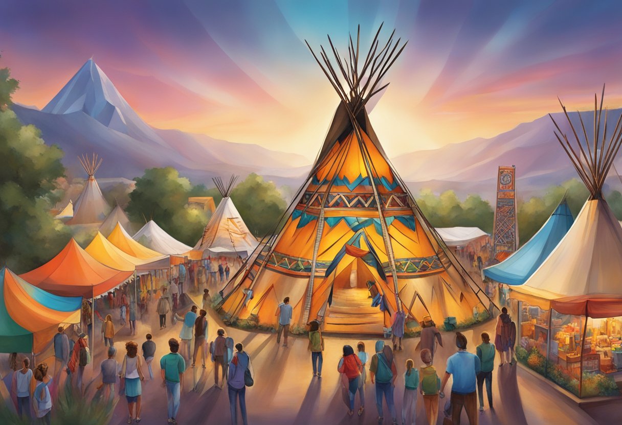 A traditional Native American teepee stands tall in the center of a bustling expo, surrounded by colorful crafts and vibrant displays