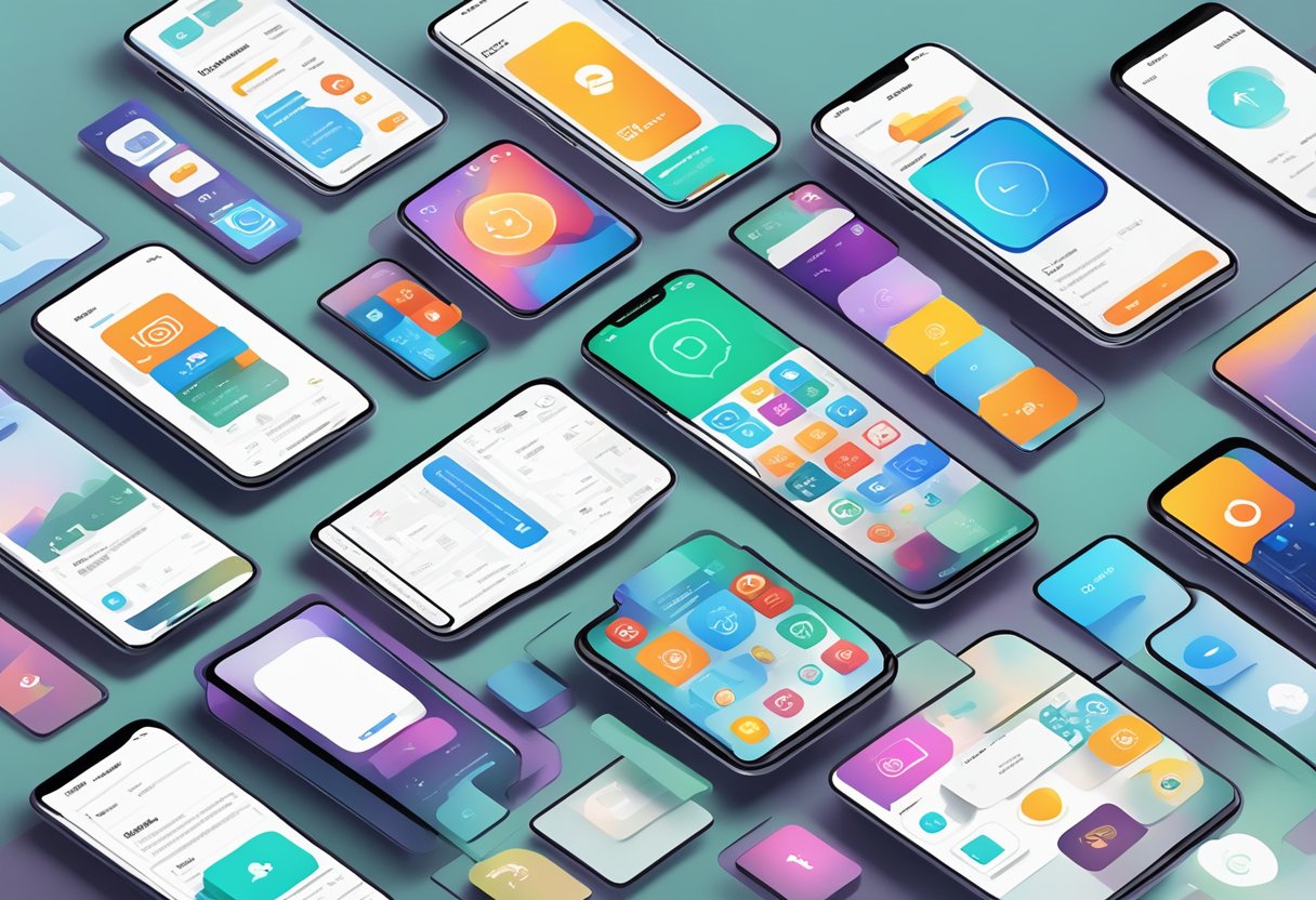 A smartphone with a screen displaying the Expo React Native app, surrounded by various app icons and a clean, modern design aesthetic