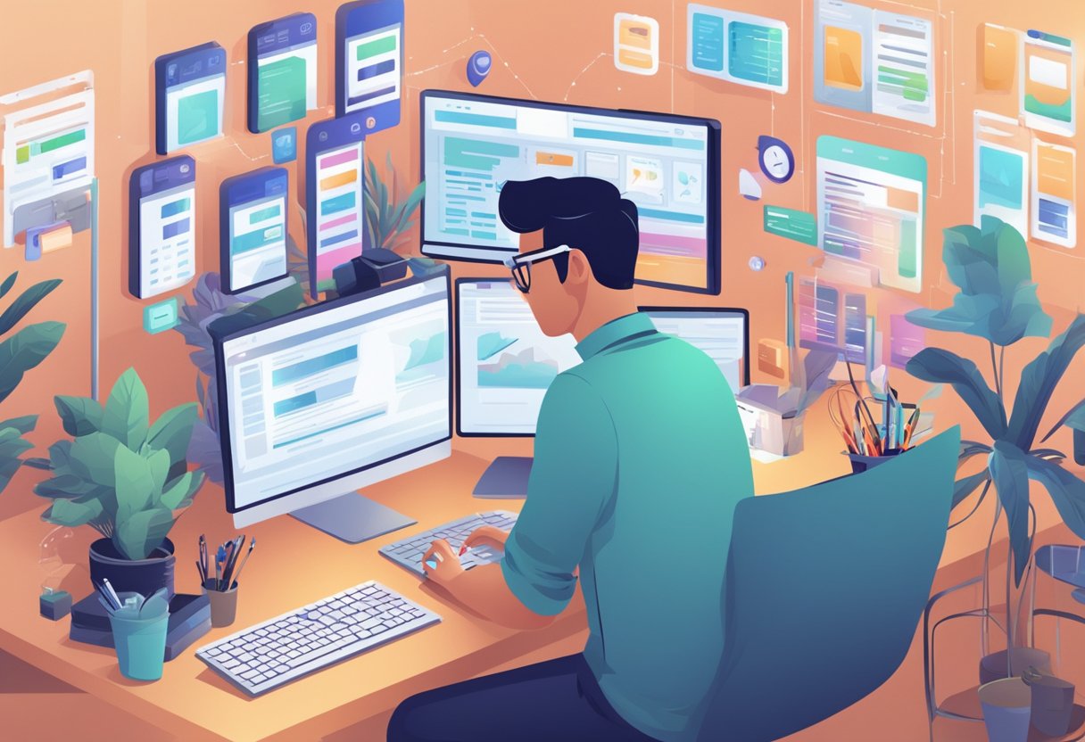 A developer codes an ecommerce website, surrounded by screens and tech equipment