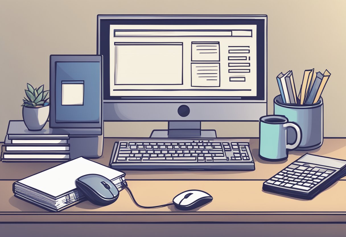 A computer screen displaying code, a mouse and keyboard, and a stack of books on web development