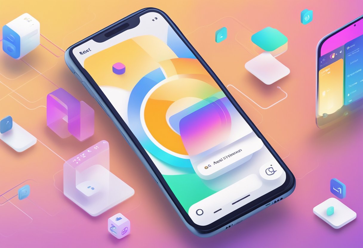 A smartphone screen displaying the React-native-animatable API reference with colorful animated elements and code snippets