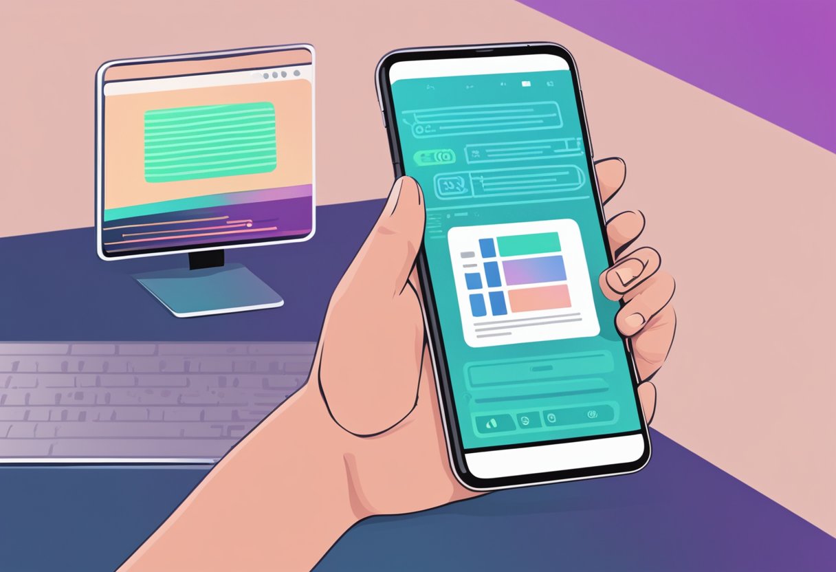 A hand holding a smartphone, with a code editor open on the screen and a React Native Axios API being consumed