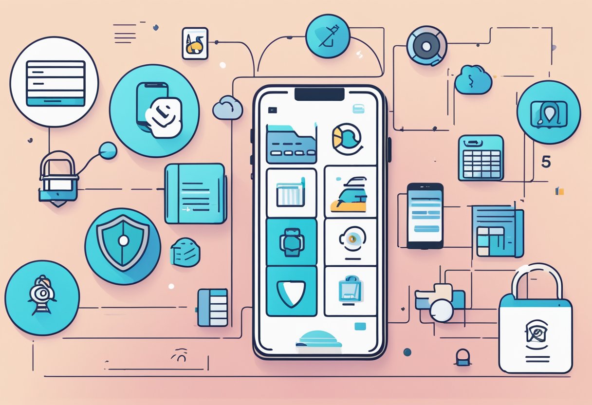 A smartphone displaying a React Native app with Axios API calls, surrounded by security icons and best practice guidelines