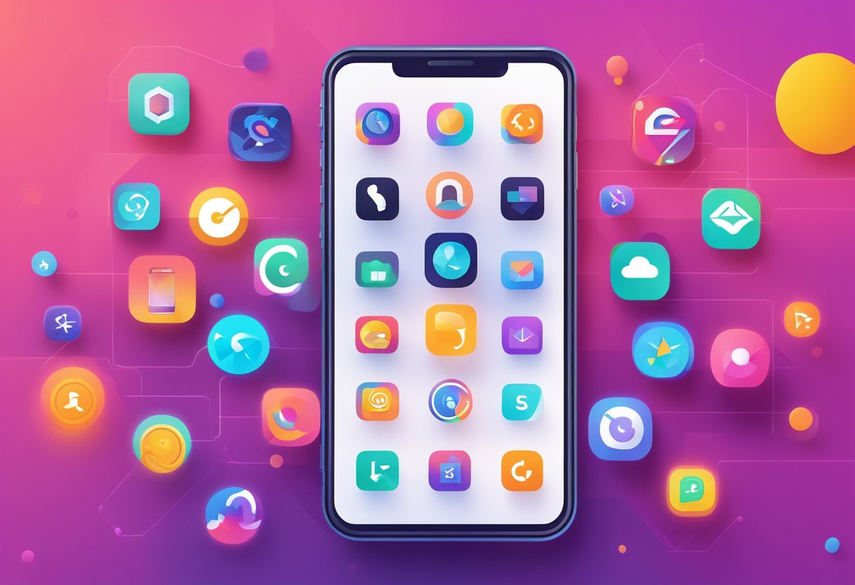 A smartphone displaying the Fetch React Native logo surrounded by various mobile app icons on a vibrant and modern background