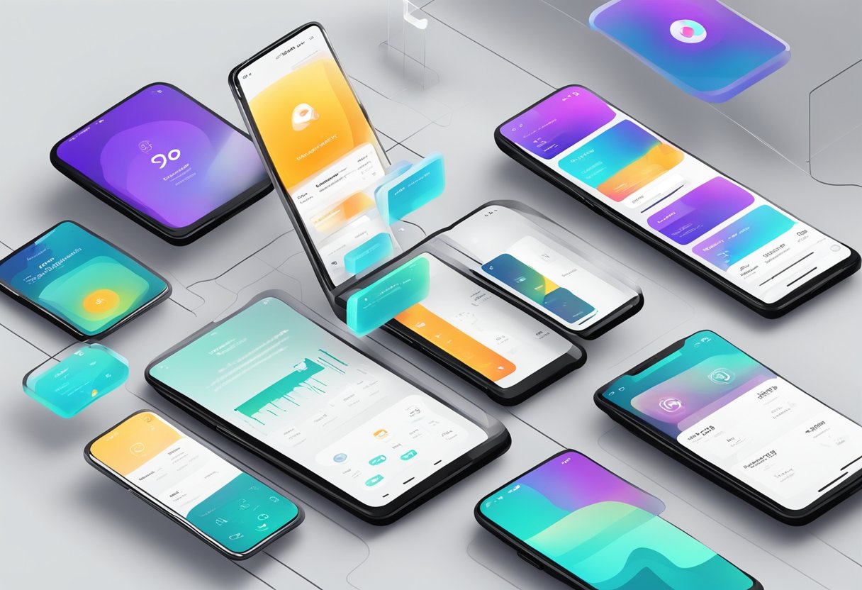 A smartphone screen displays a React-native-reanimated app with smooth and fluid animations. The app's interface is modern and intuitive, with dynamic transitions and interactive elements