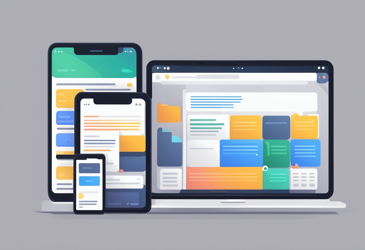 A smartphone, tablet, and laptop arranged in a row, each displaying the same app in React Native with a border around the screens
