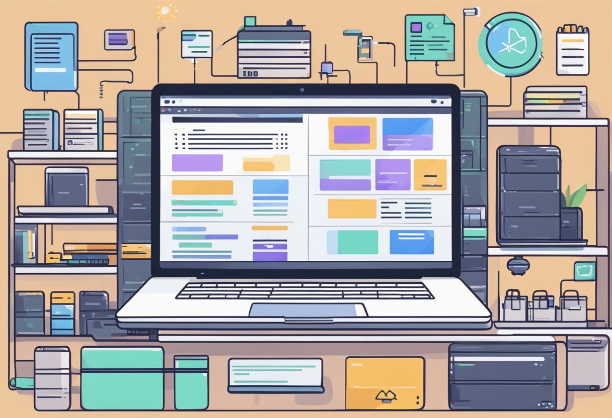 A laptop displaying React Native base npm with code editor and terminal open. Various app components and libraries are visible on the screen