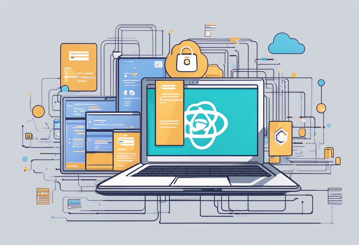 A laptop displaying code, surrounded by React Native and npm logos, with a base component highlighted