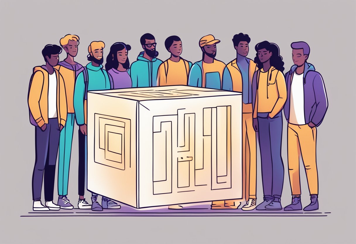 A group of diverse individuals gather around a glowing box, symbolizing community and support for React Native development. The box casts a soft shadow, representing the npm package manager integration