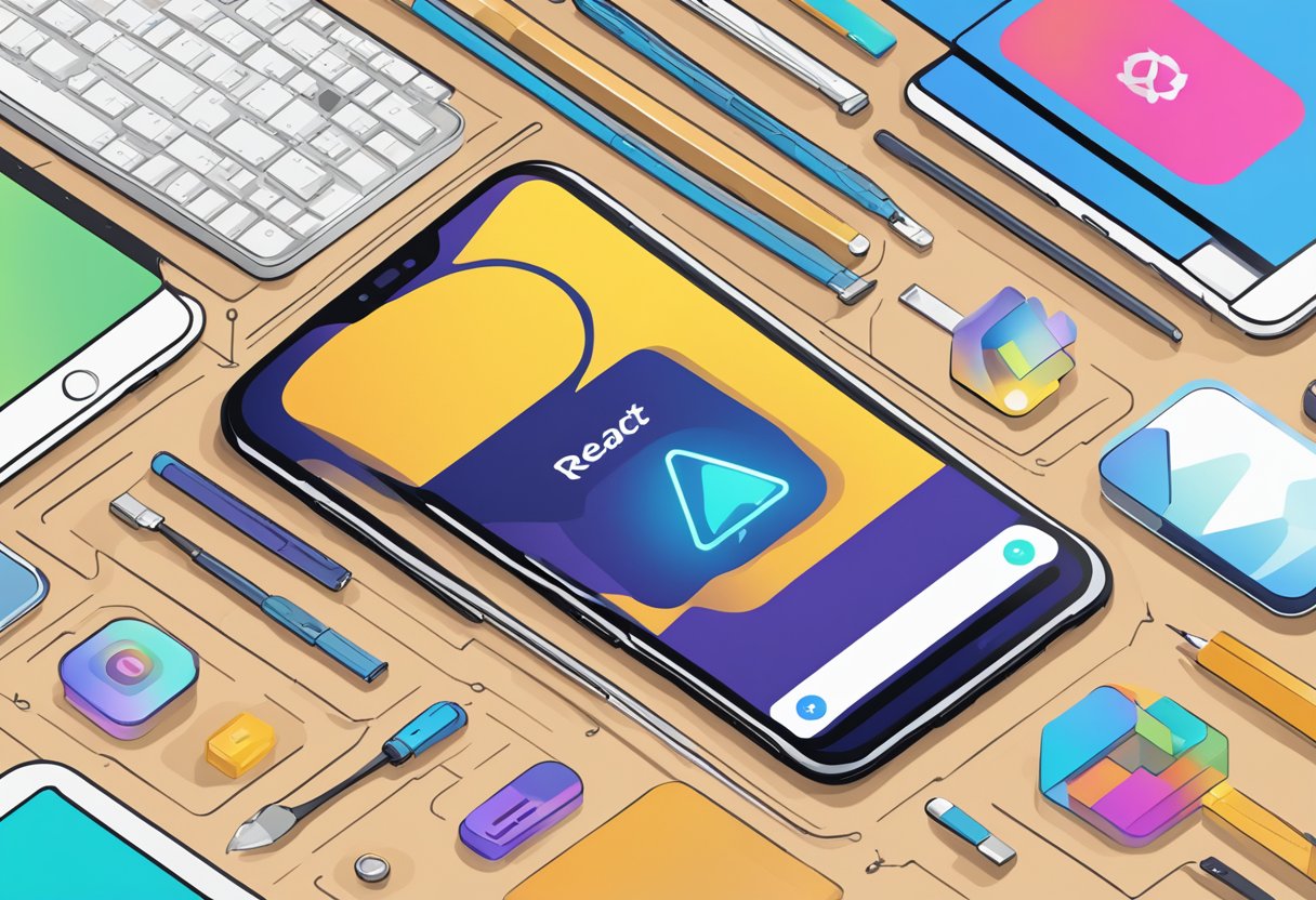 A smartphone with the React Native logo on the screen, surrounded by code and build tools, with an "APK" file being generated