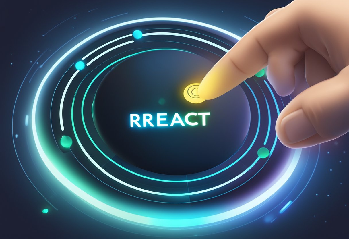 A finger pressing a round, glowing "react" button on a digital interface