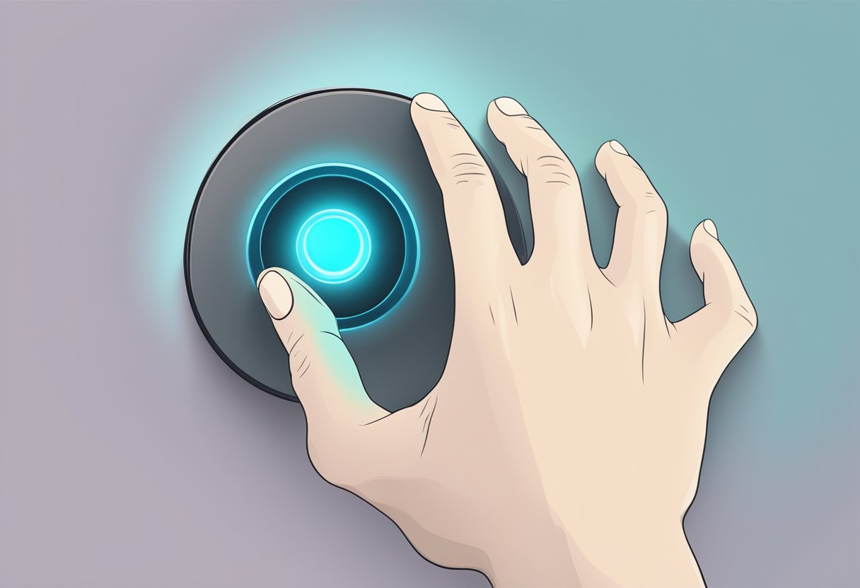 A hand hovers over a sleek, modern button. The button is illuminated, with a subtle glow emanating from its surface