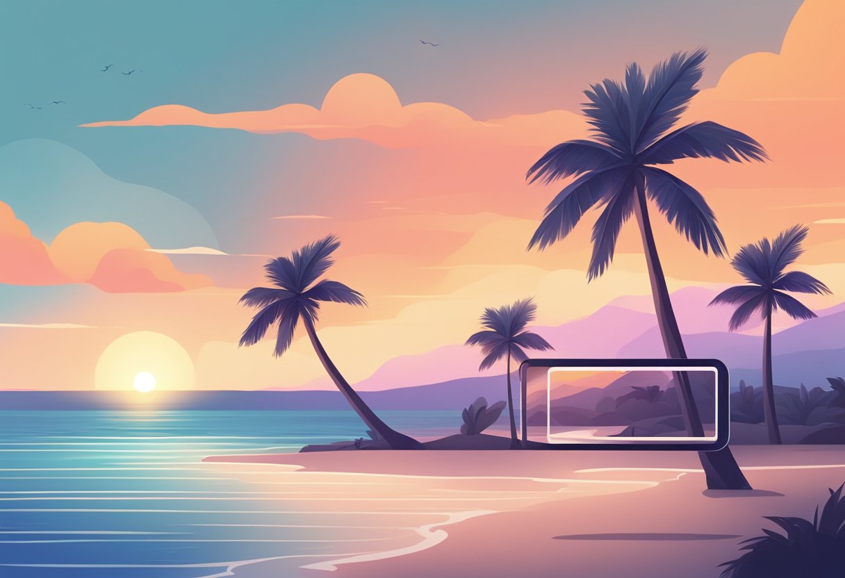 A serene beach at sunset with palm trees and calm waves, with a mobile phone displaying a React Native app as the focal point