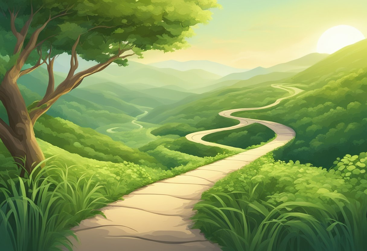 A serene natural landscape with a winding path leading through lush vegetation, with a clear file path signifying technology integration