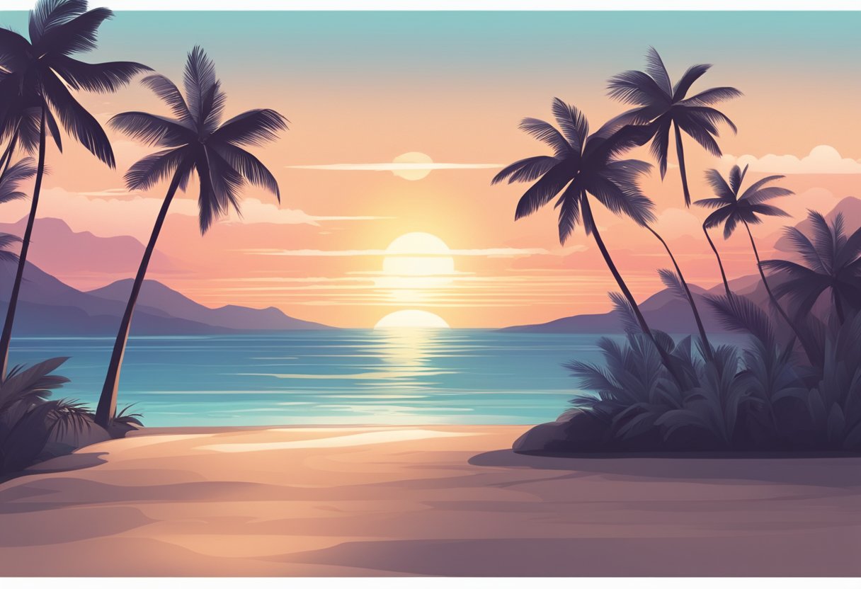 A serene beach at sunset, with palm trees in the background, and a calm ocean in the foreground. The image is positioned to capture the natural beauty of the scene, perfect for a React Native app background