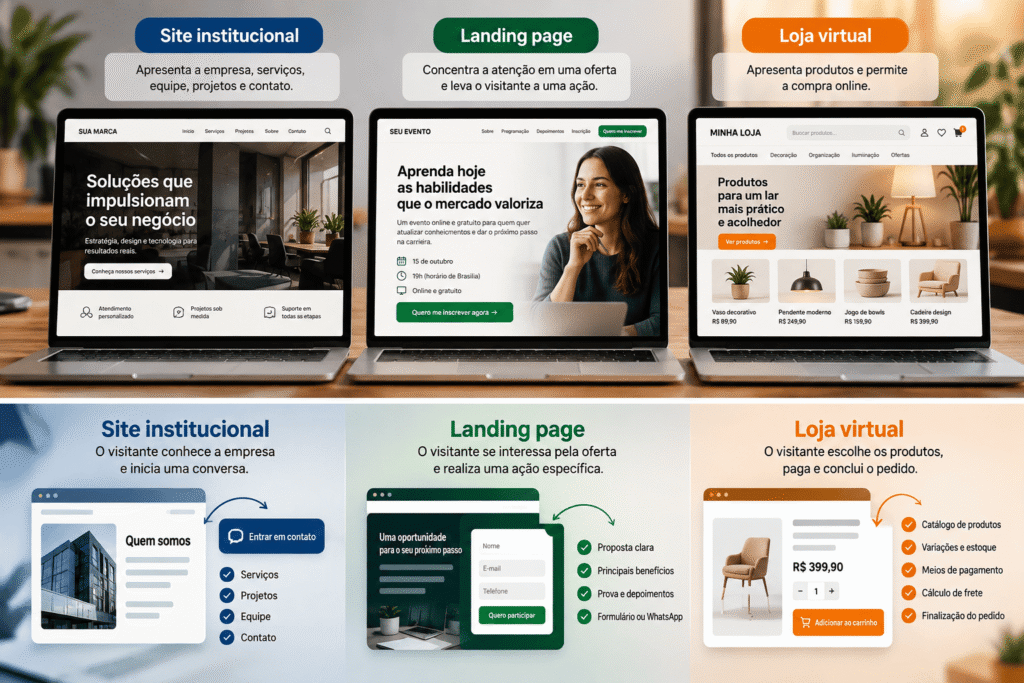 Comparação entre site institucional, landing page e loja virtual