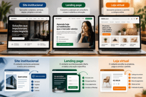 Comparação entre site institucional, landing page e loja virtual
