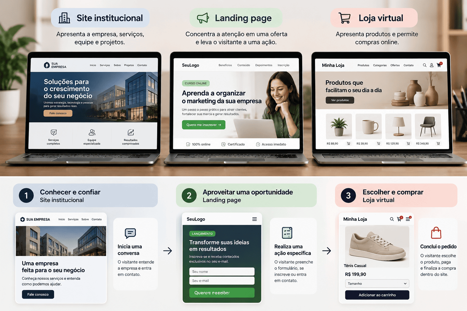 Comparação entre site institucional, landing page e loja virtual