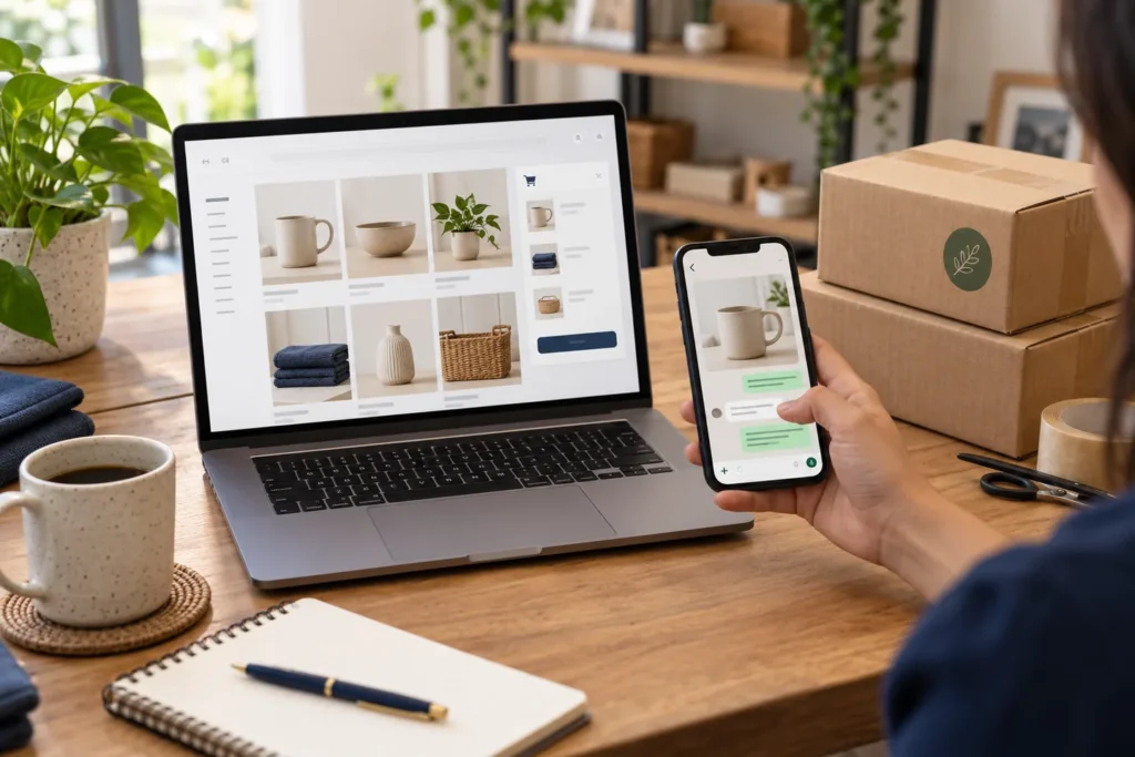 Loja virtual no notebook e conversa sobre um produto no celular, ao lado de embalagens