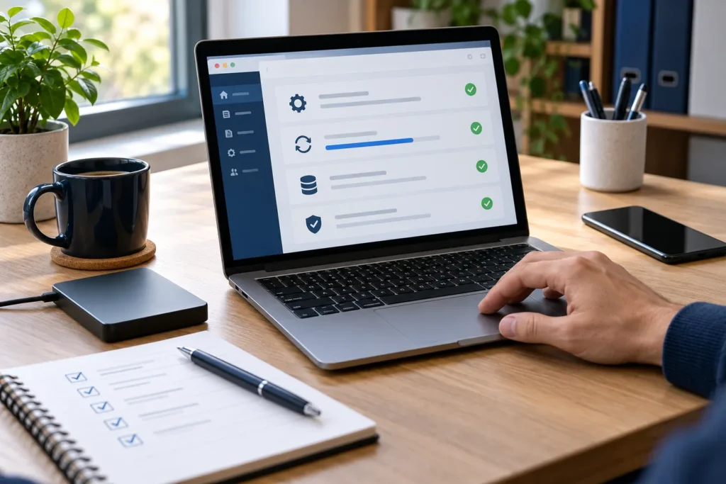 Painel de manutenção de site no notebook com disco de backup e checklist na mesa